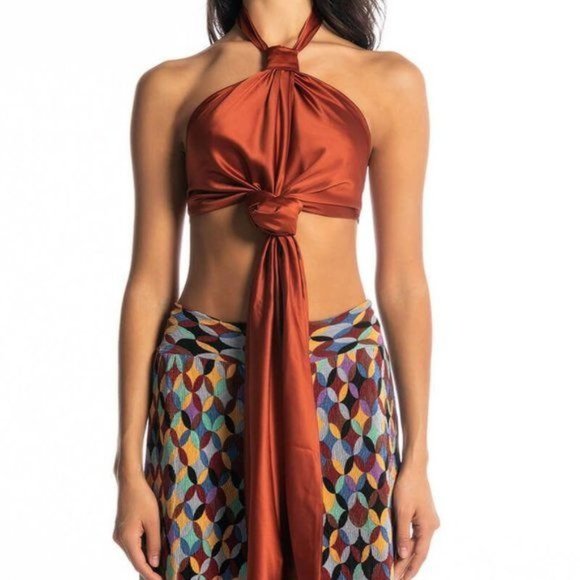 Calle CopperTone: Shoulders Out Tied & Knotted Satin Apron Halter Top SM LXL - Picture 5 of 9